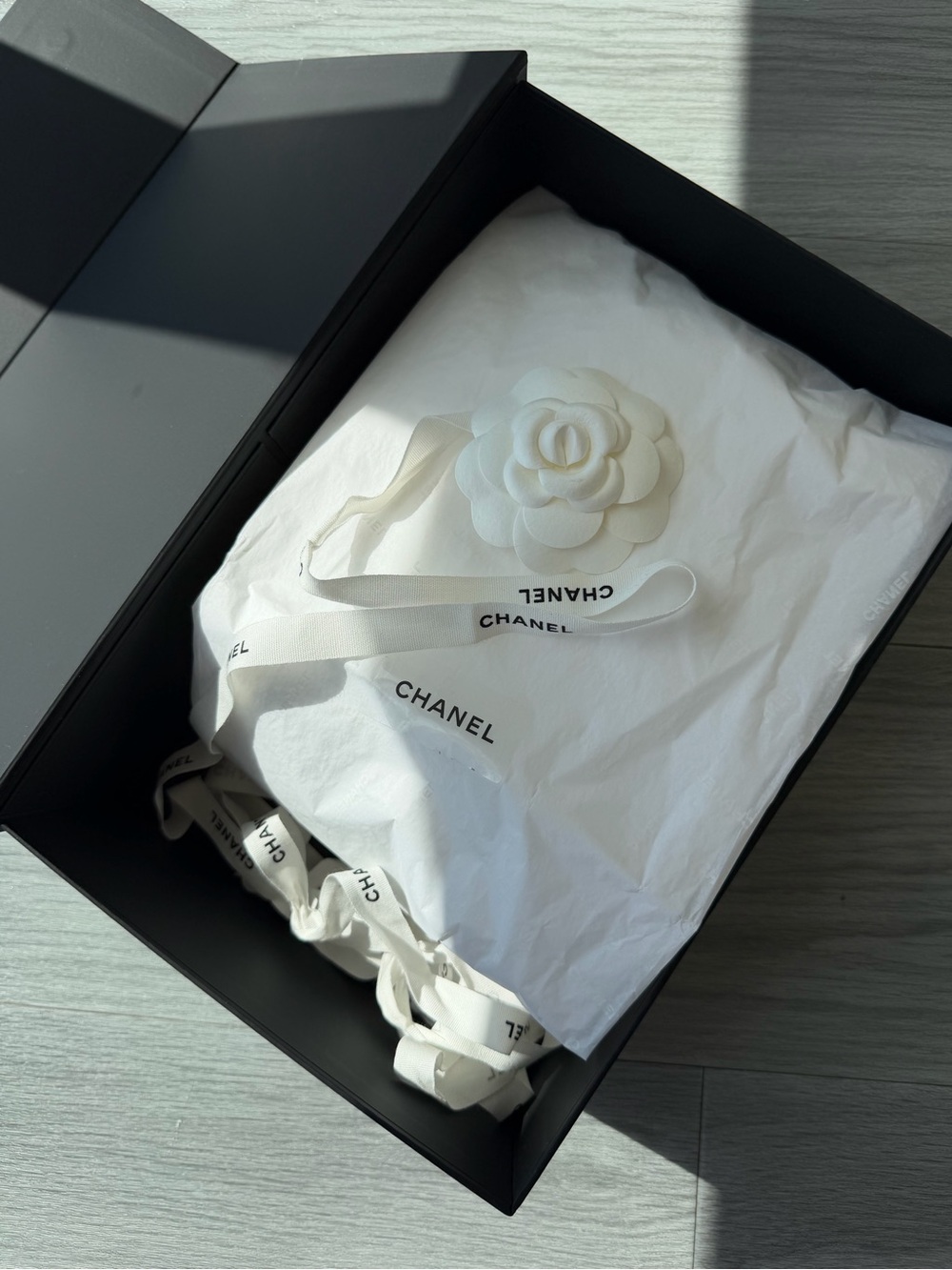 CHANEL Authentic Black Box with White Camellia Ribbon & Branded Tissue Set